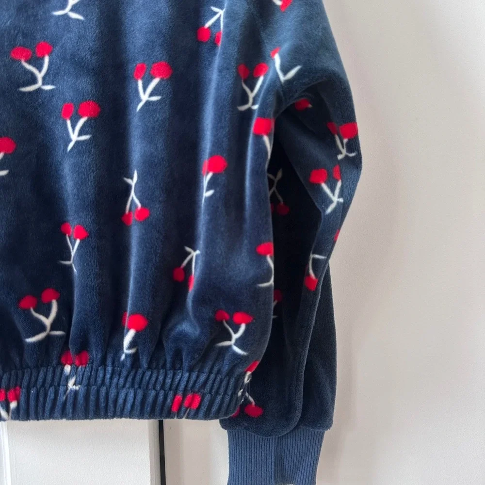 Jessica Simpson Girls Navy Blue Cherry Print Velour Sweatshirt Size 6 Y2K inspt